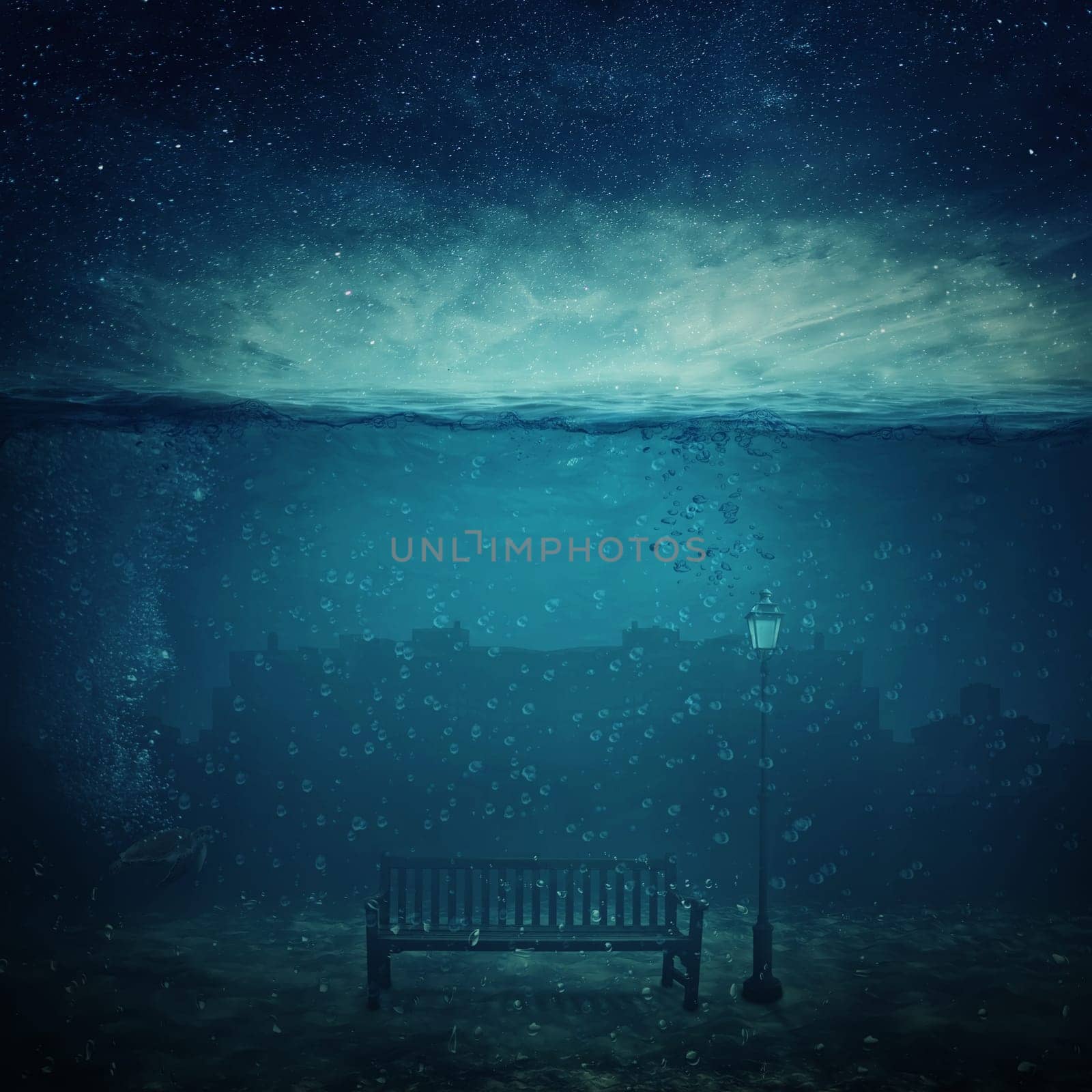Underwater fantasy world. Modern city ruins under the sea and a wooden bench with a street lamp drowned. Adventure and journey concept of marine life. Night scene with starry sky.