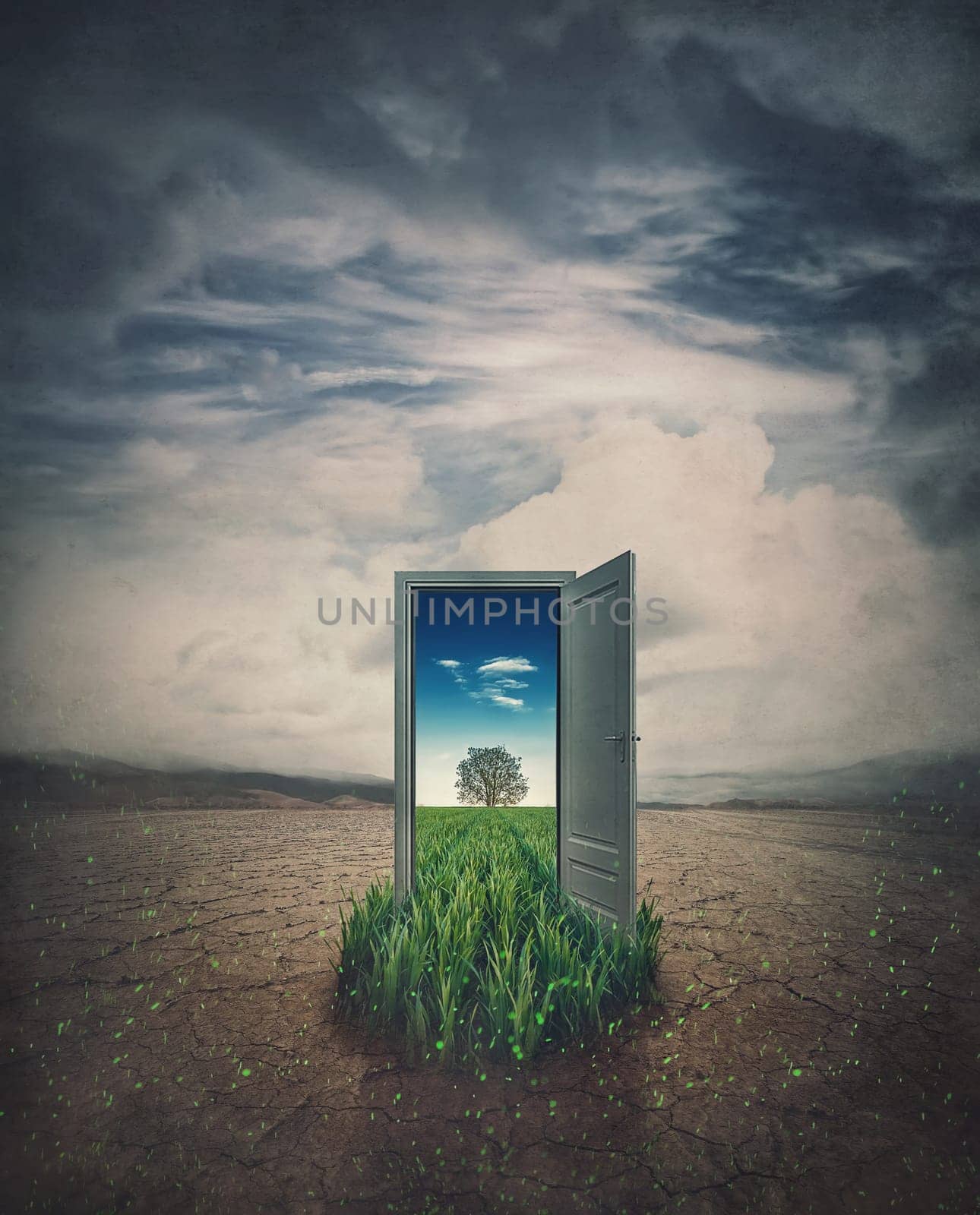 A door in the middle of a dry land leading to a green field. Environmental and climate change concept. The future of global warming and a doorway to the past by psychoshadow