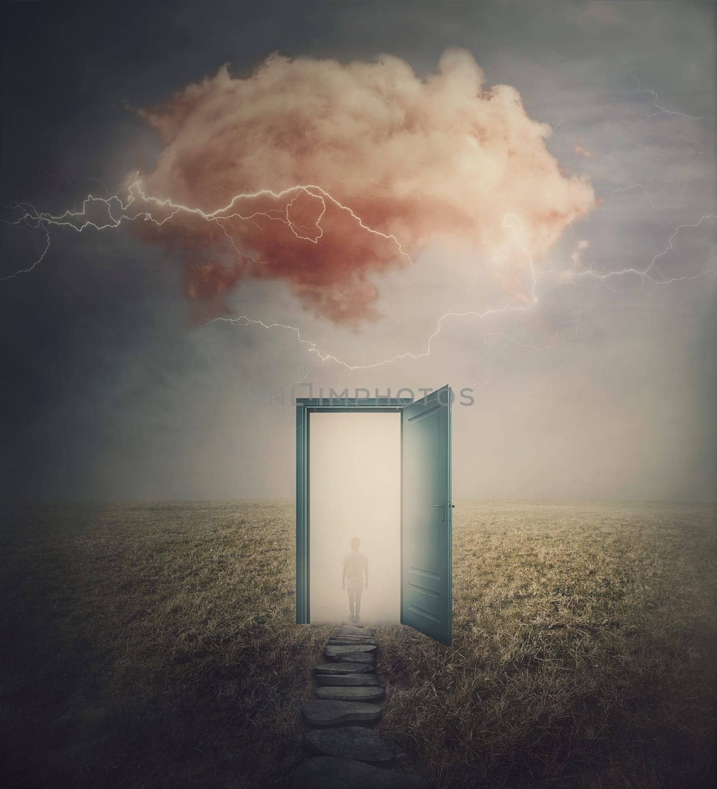 Surreal scene, teleportation concept, time and space traveling through a open door on a mystic land. Magic cloud in the sky, mysterious lightnings and a wanderer person silhouette in the mist.