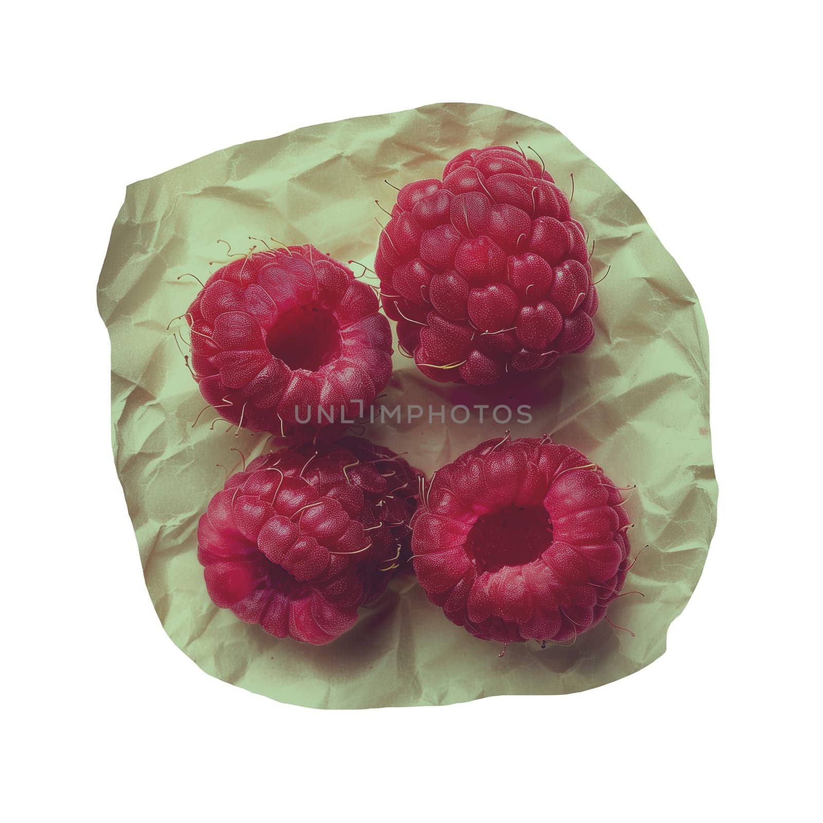 Photo of raspberry fruit on crumpled paper faded colors ai generated element