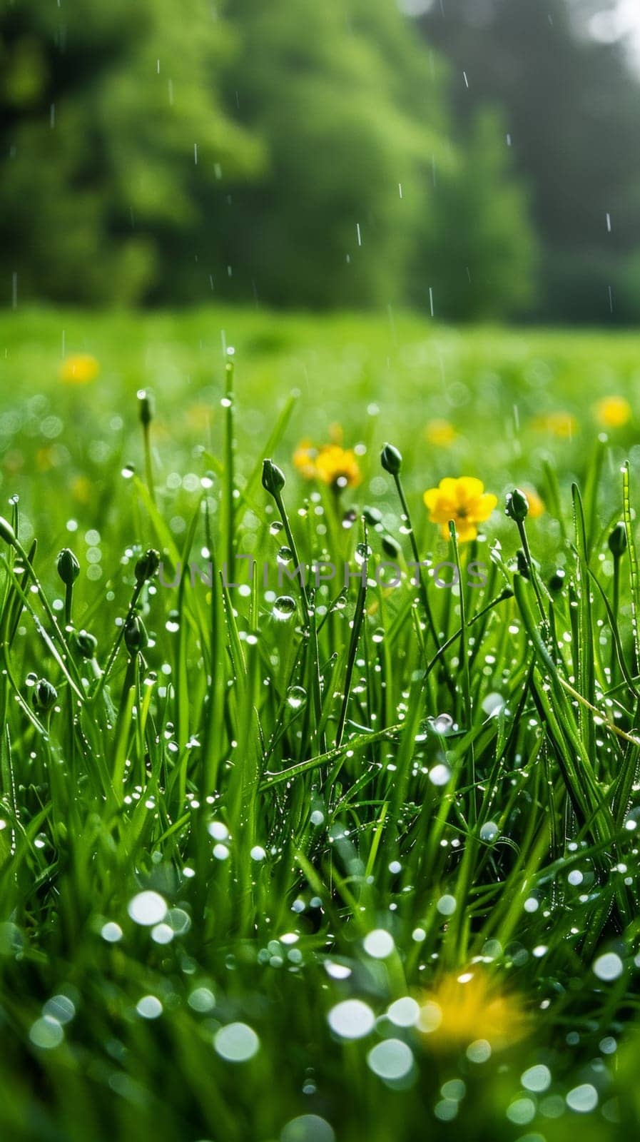 A close up of a field with grass and flowers covered in rain
