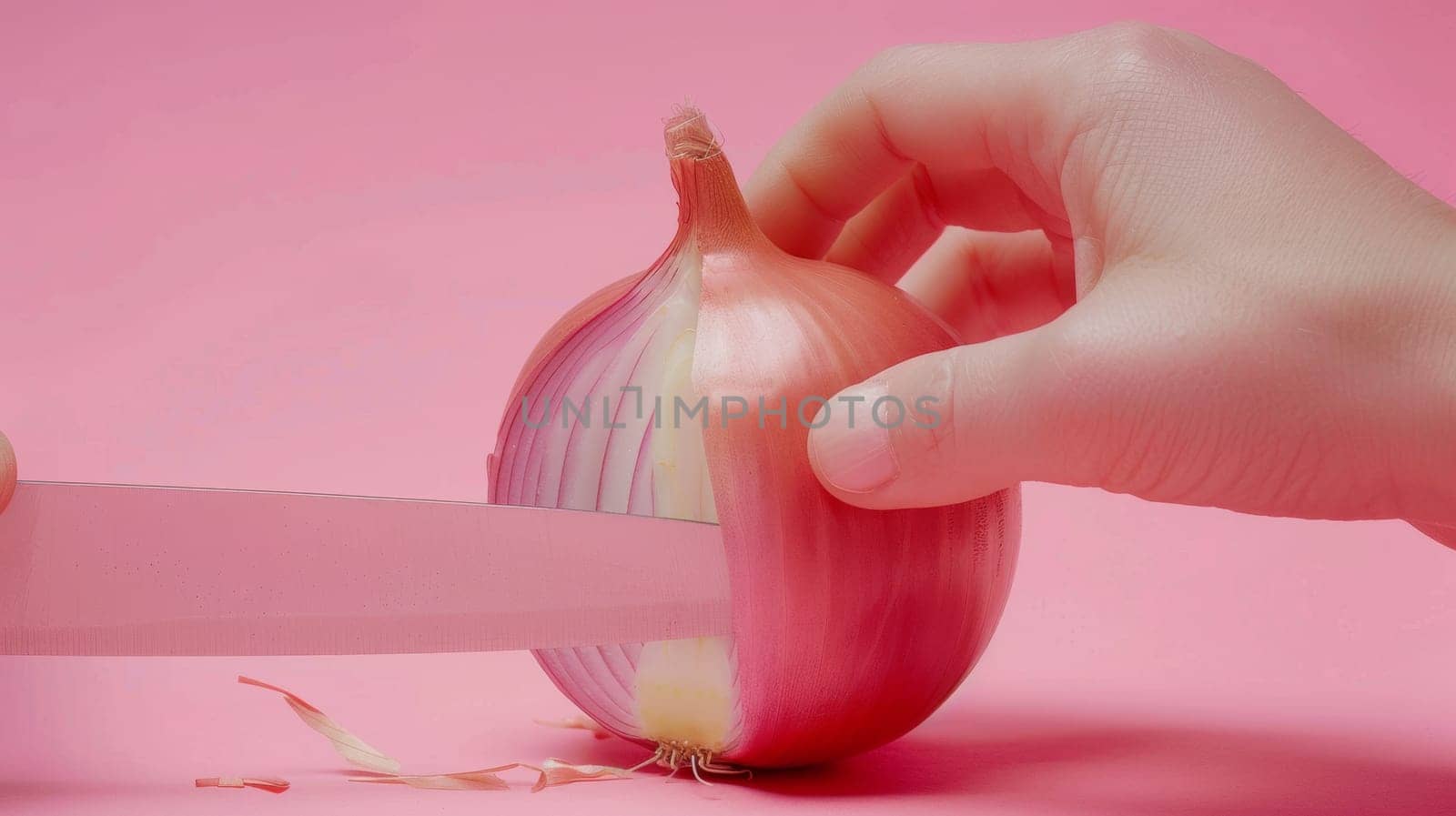 A person cutting an onion with a knife on pink background, AI by starush