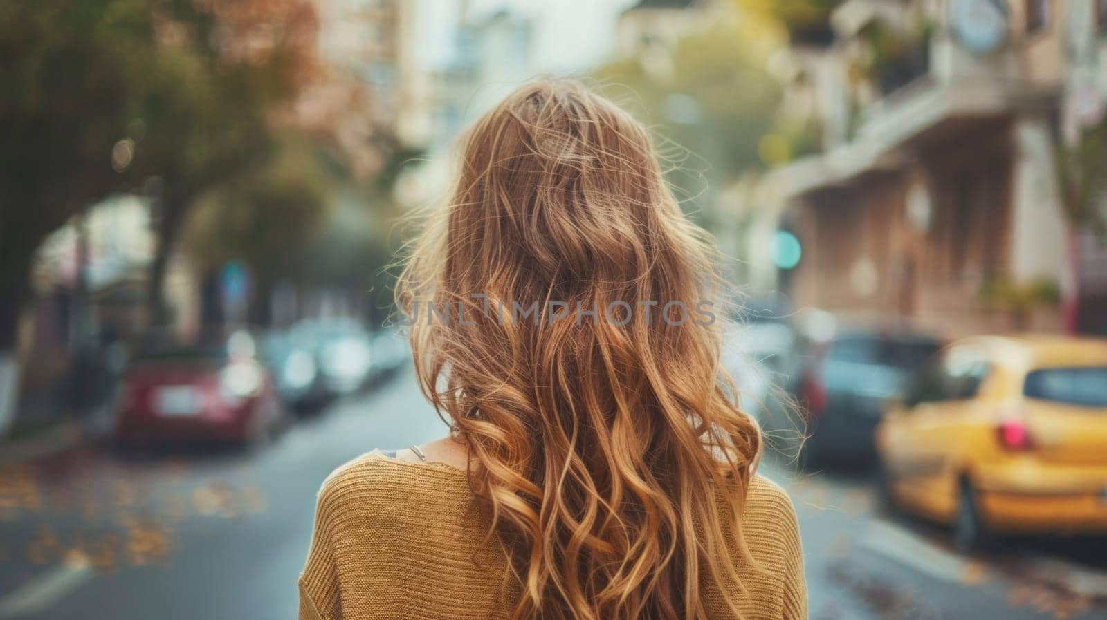 A woman with long hair standing in the middle of a street