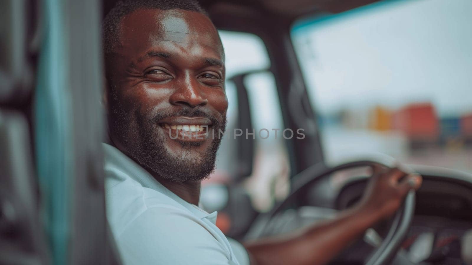 A man smiling while driving a truck in the middle of day, AI by starush