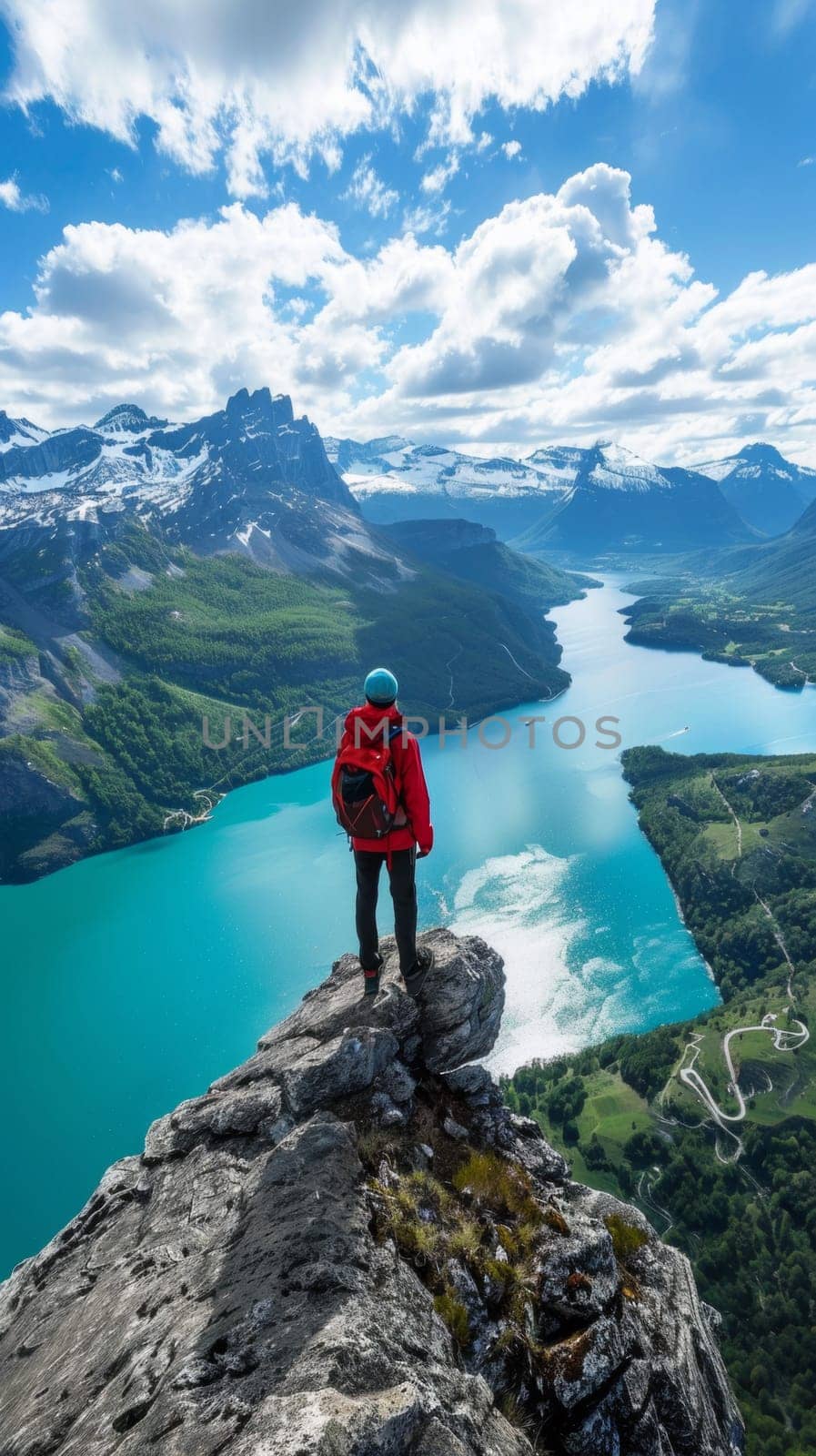 A man standing on top of a cliff overlooking water and mountains, AI by starush