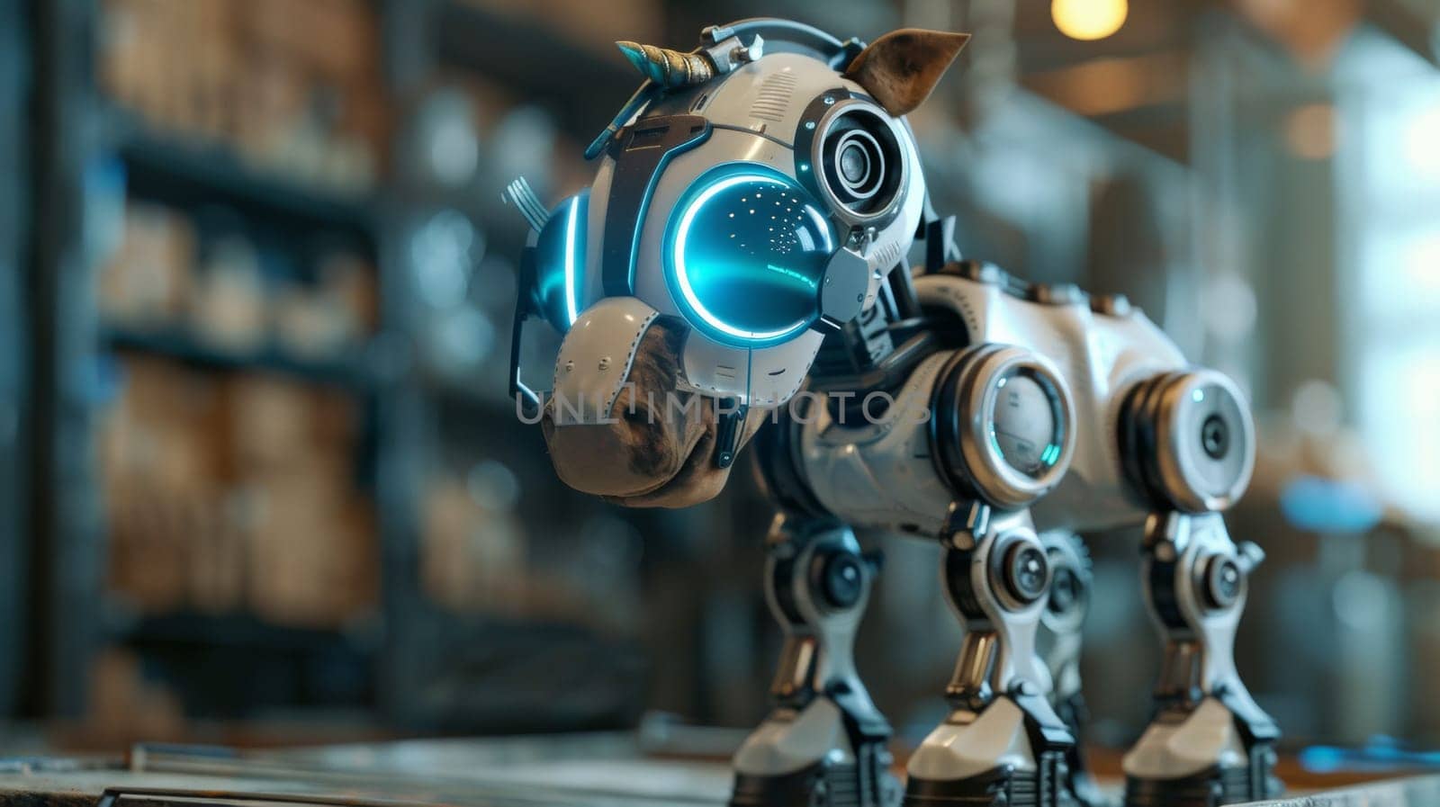 A robot horse with glowing eyes on a table in front of books