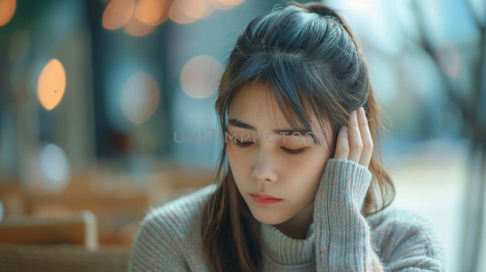 A woman with a sweater on sitting in front of some tables