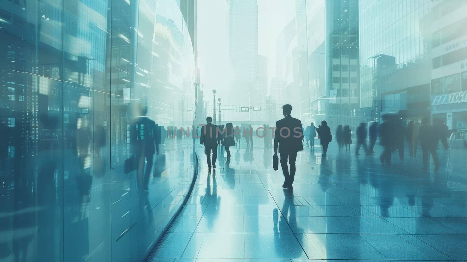 A group of people walking down a city street with buildings in the background, AI by starush