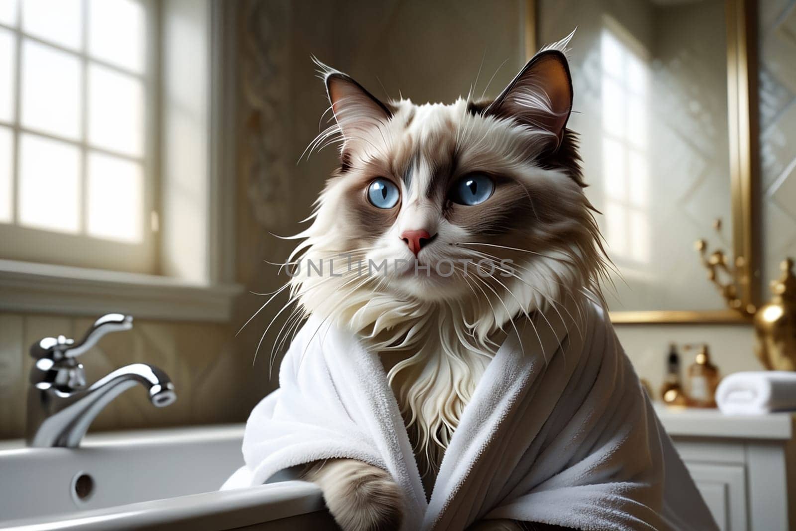 dirty cat washes itself in the bathroom. AI generated image.