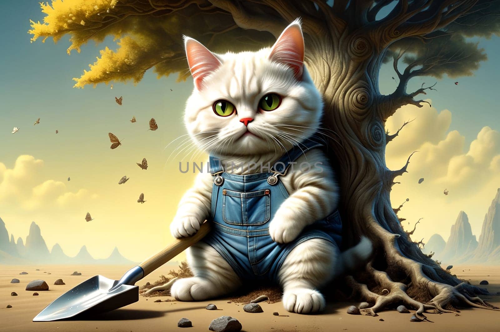 A plump cat gardener with a shovel and a tree. AI generated image.