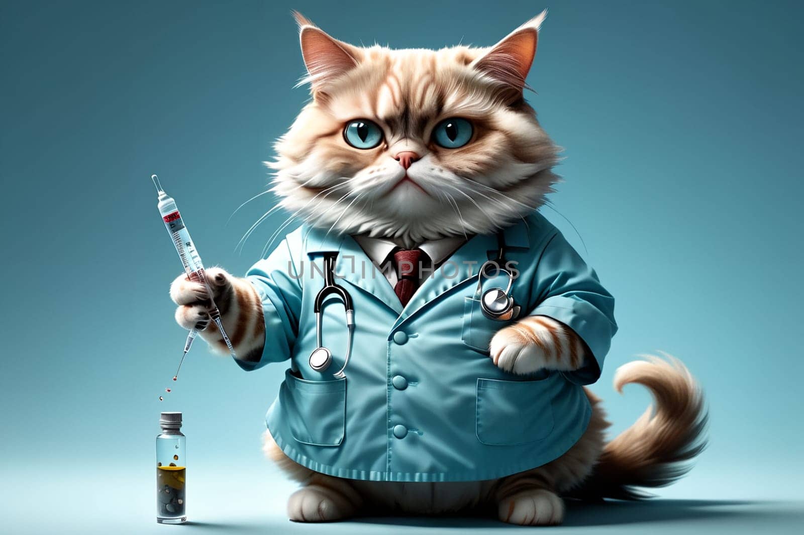 cat doctor isolated on a light blue background. AI generated image.