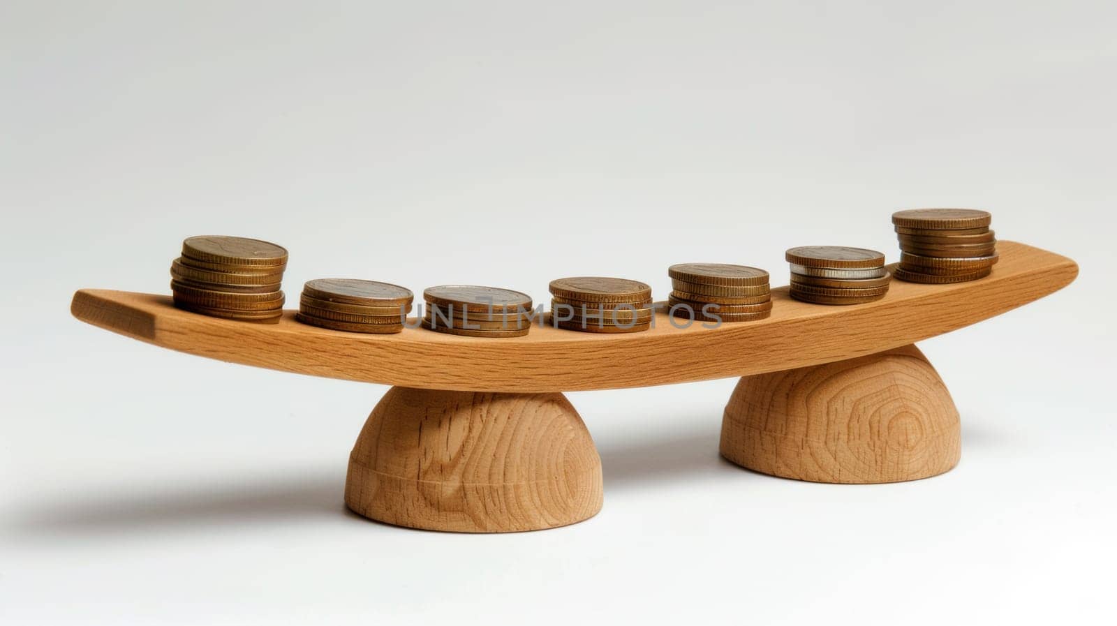 A wooden coin balance with coins stacked on top of each other