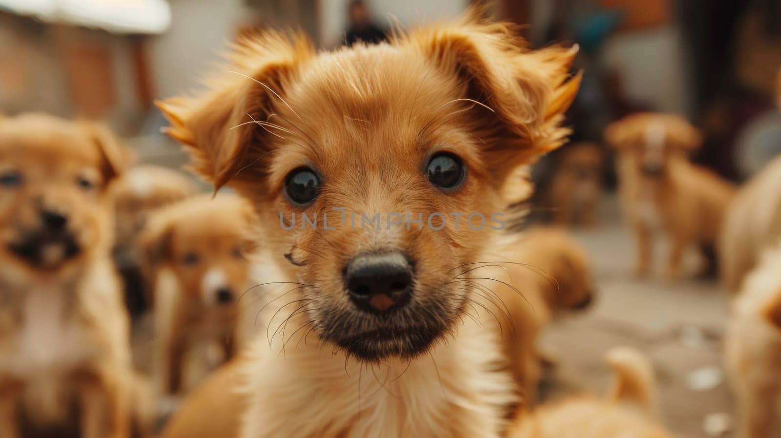 A close up of a brown puppy with big eyes in the middle, AI by starush