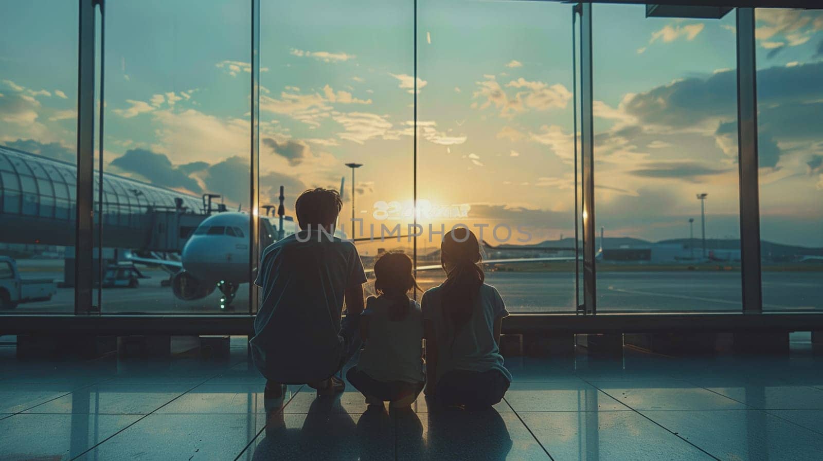 A family sitting in an airport terminal watching a plane take off