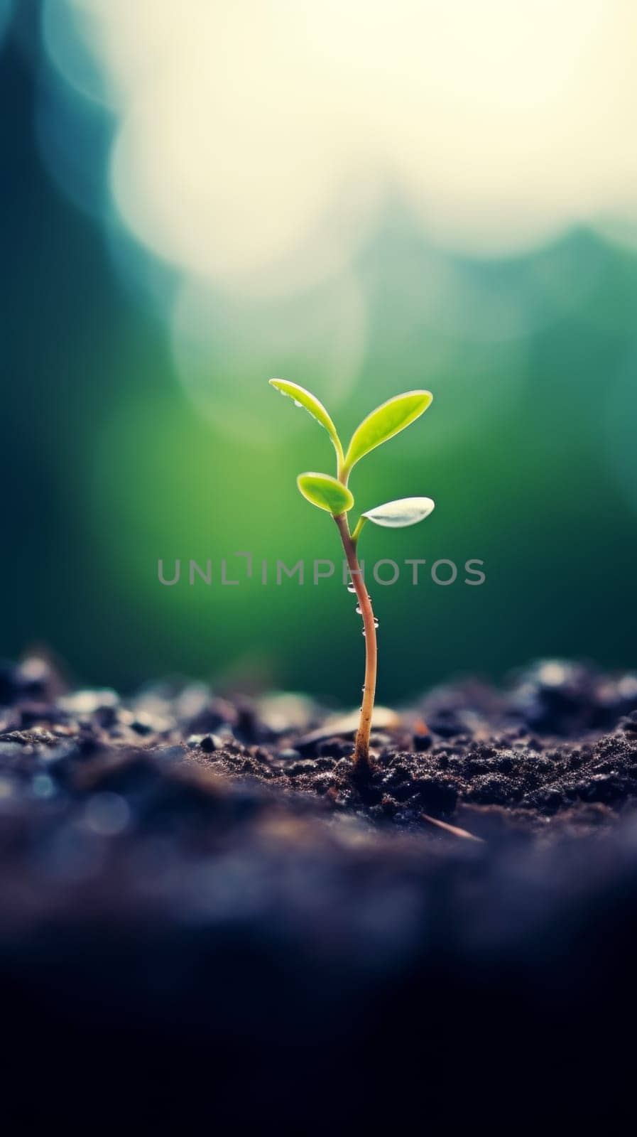 A small plant sprouting from the ground with a blurry background, AI by starush