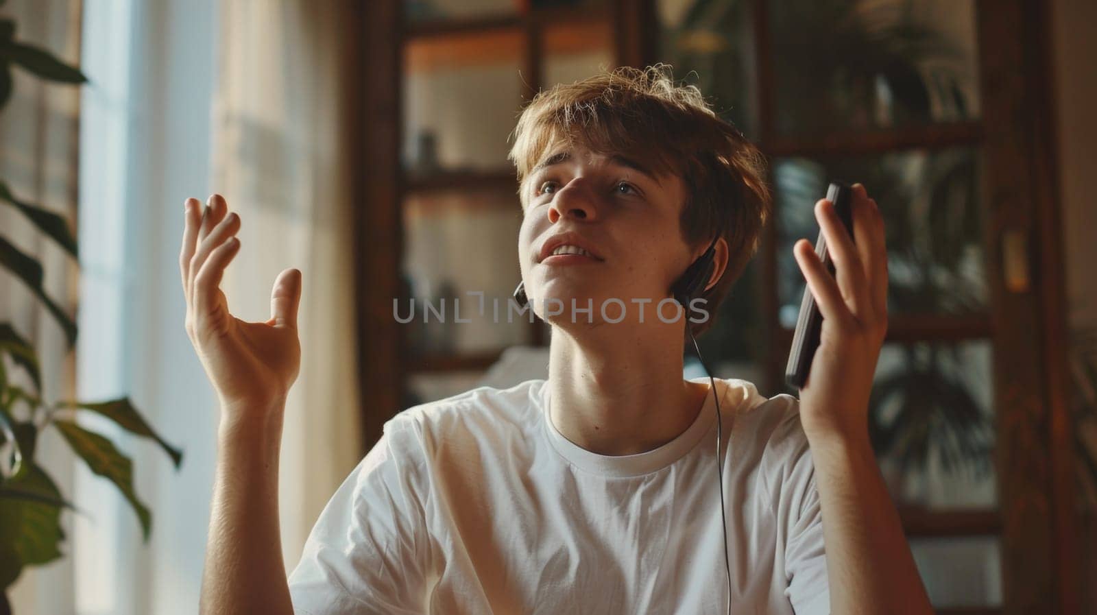 A young man with hands up and a phone in his hand