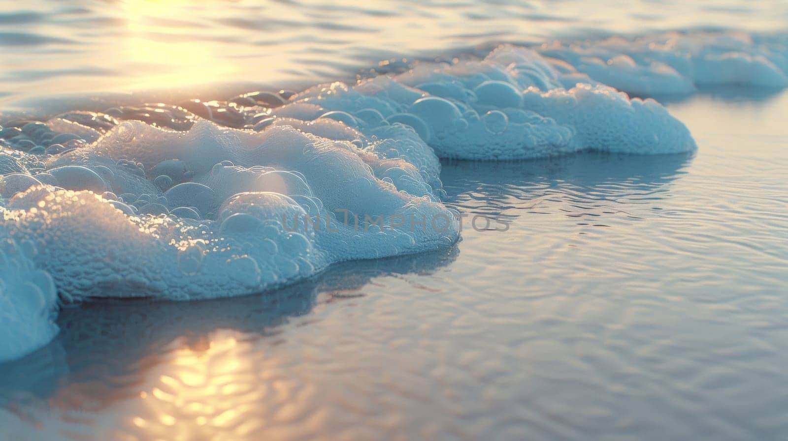 A close up of foam on the beach at sunset