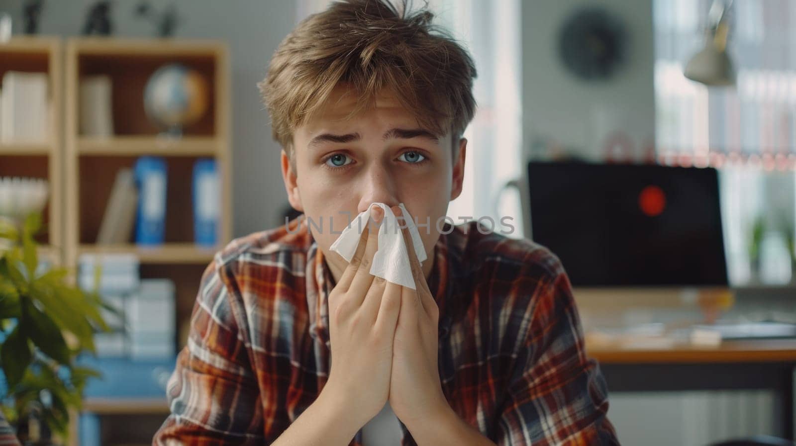 A young man blowing his nose with a tissue in front of him