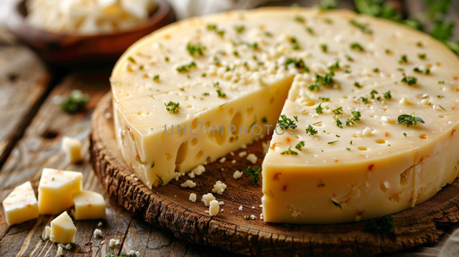 A cheese is sliced into pieces and placed on a wooden board