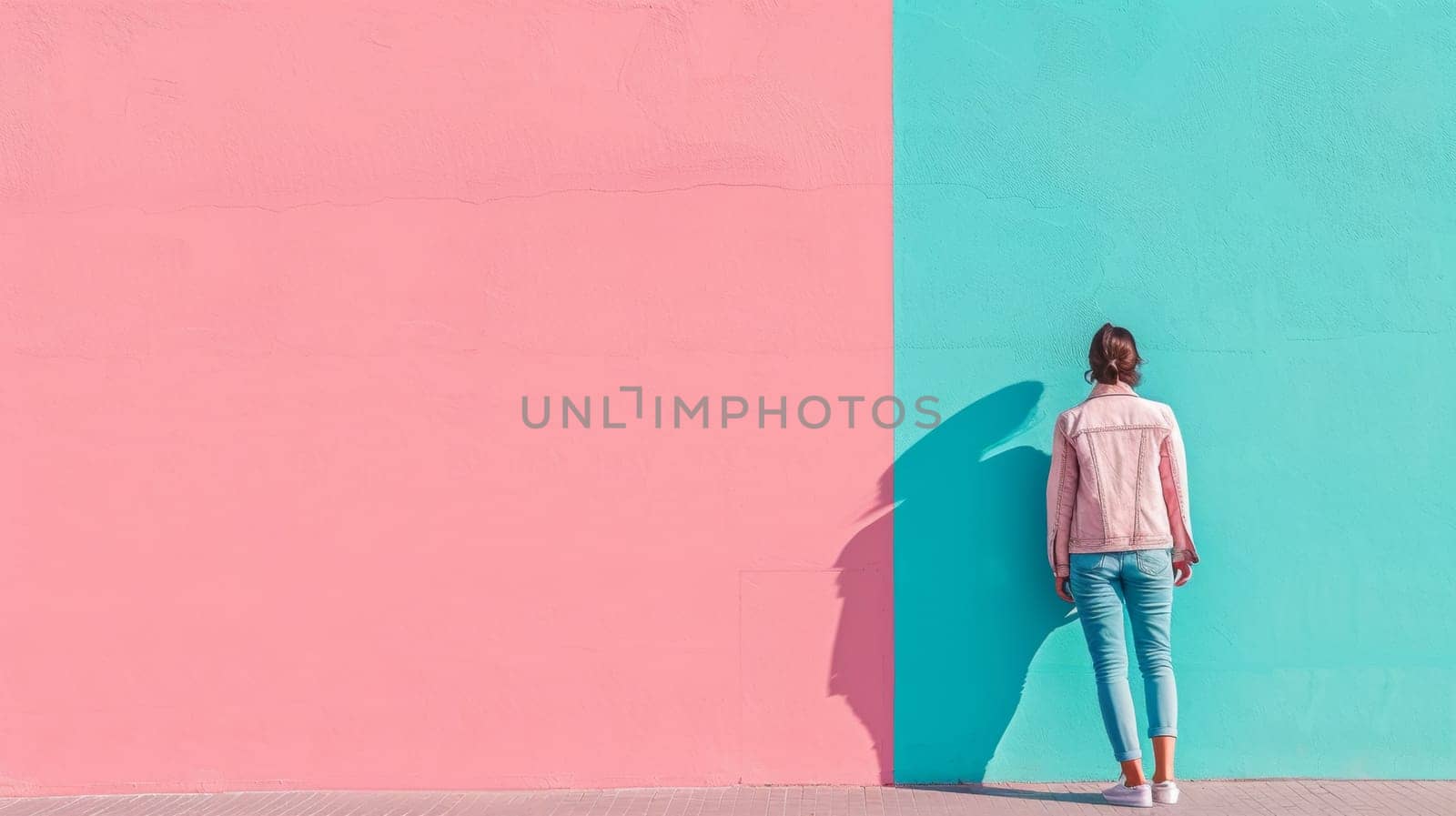 A woman standing in front of a pink and blue wall