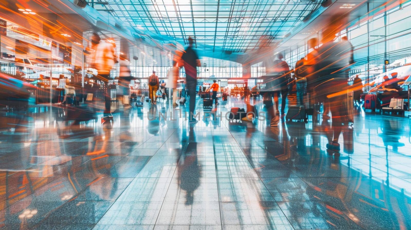 A blurry photo of a busy airport with people walking around, AI by starush