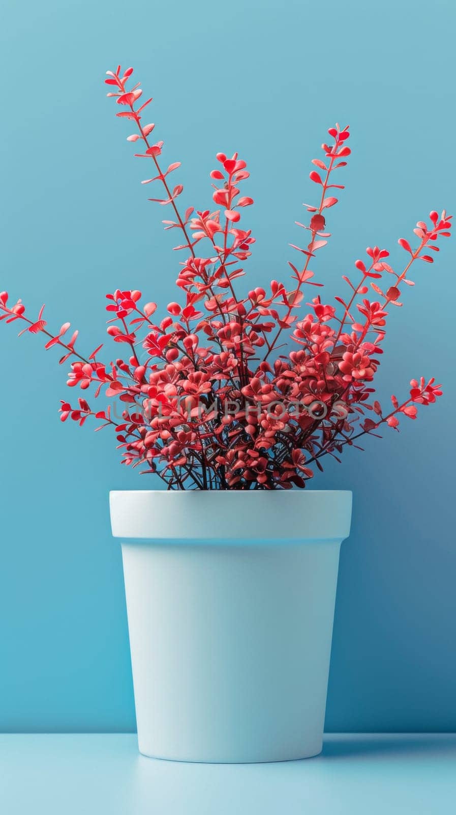 A white pot with red flowers in it on a blue wall