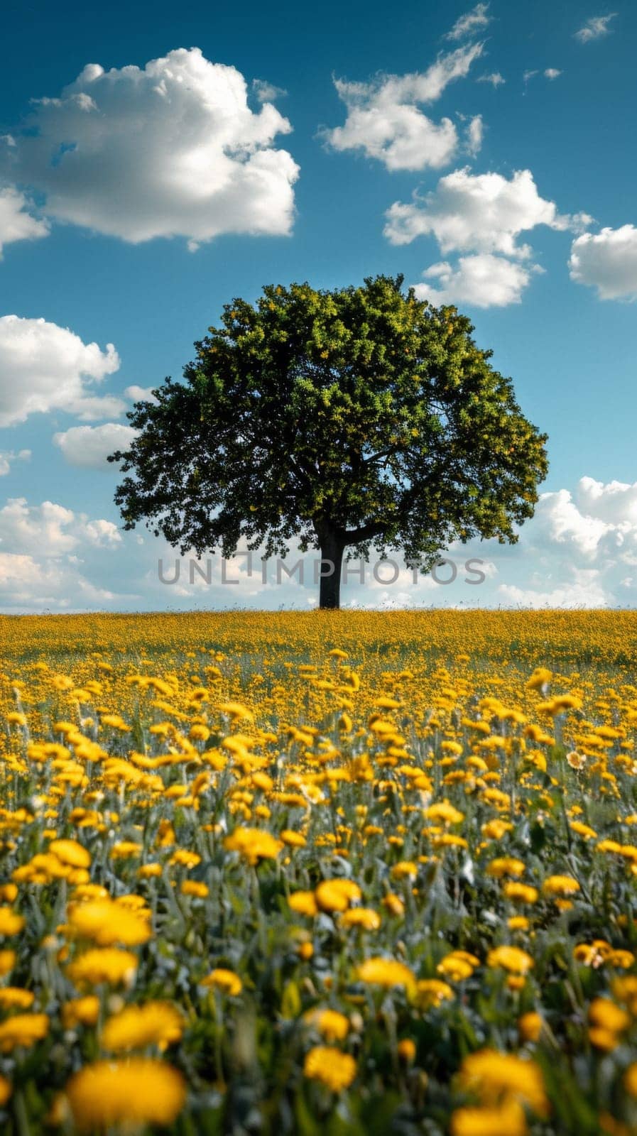 A lone tree in a field of yellow flowers with blue sky, AI by starush