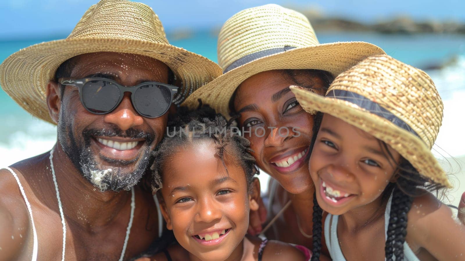 A family of three people wearing hats and sunglasses on the beach