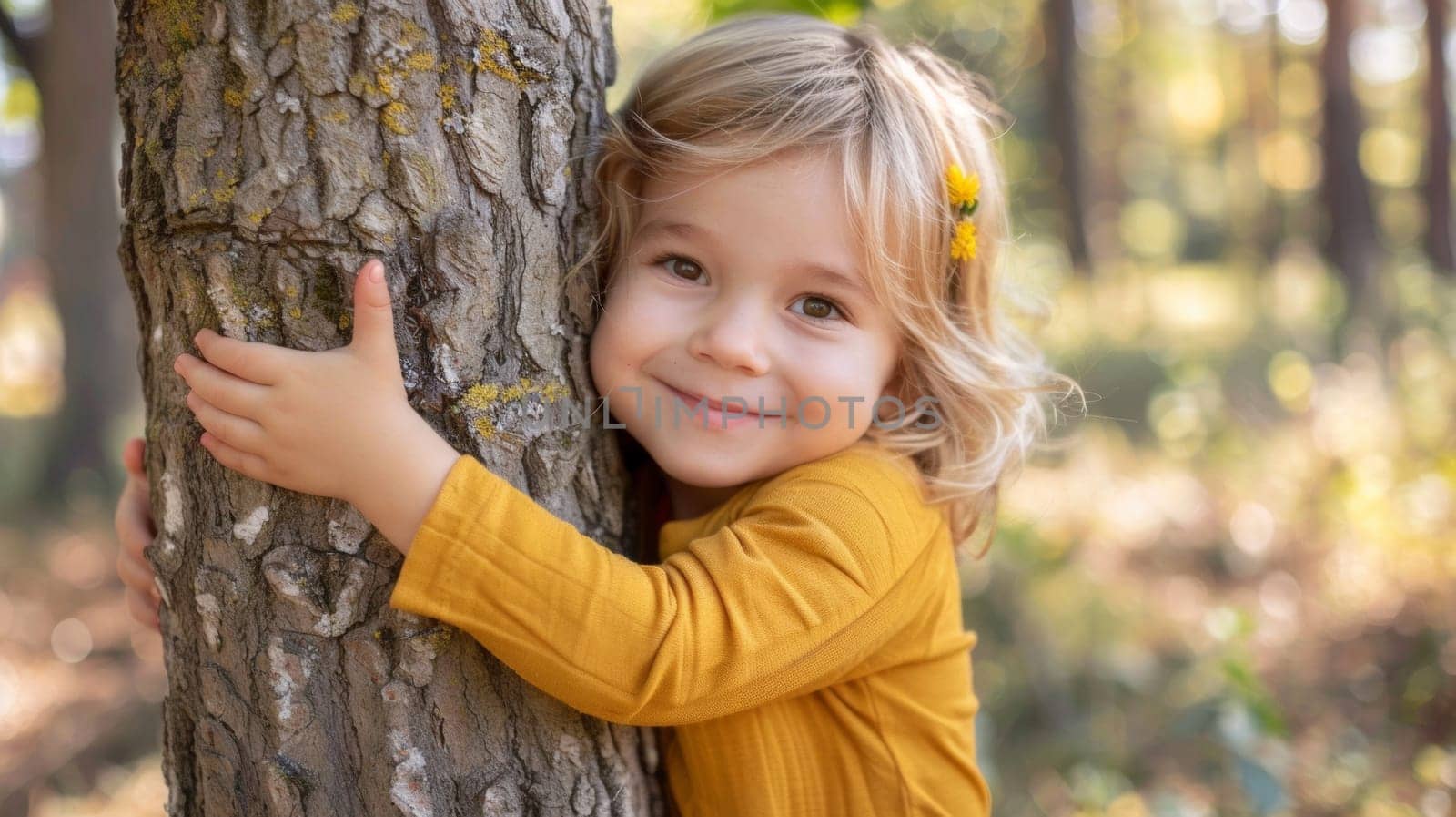 A little girl hugging a tree in the woods