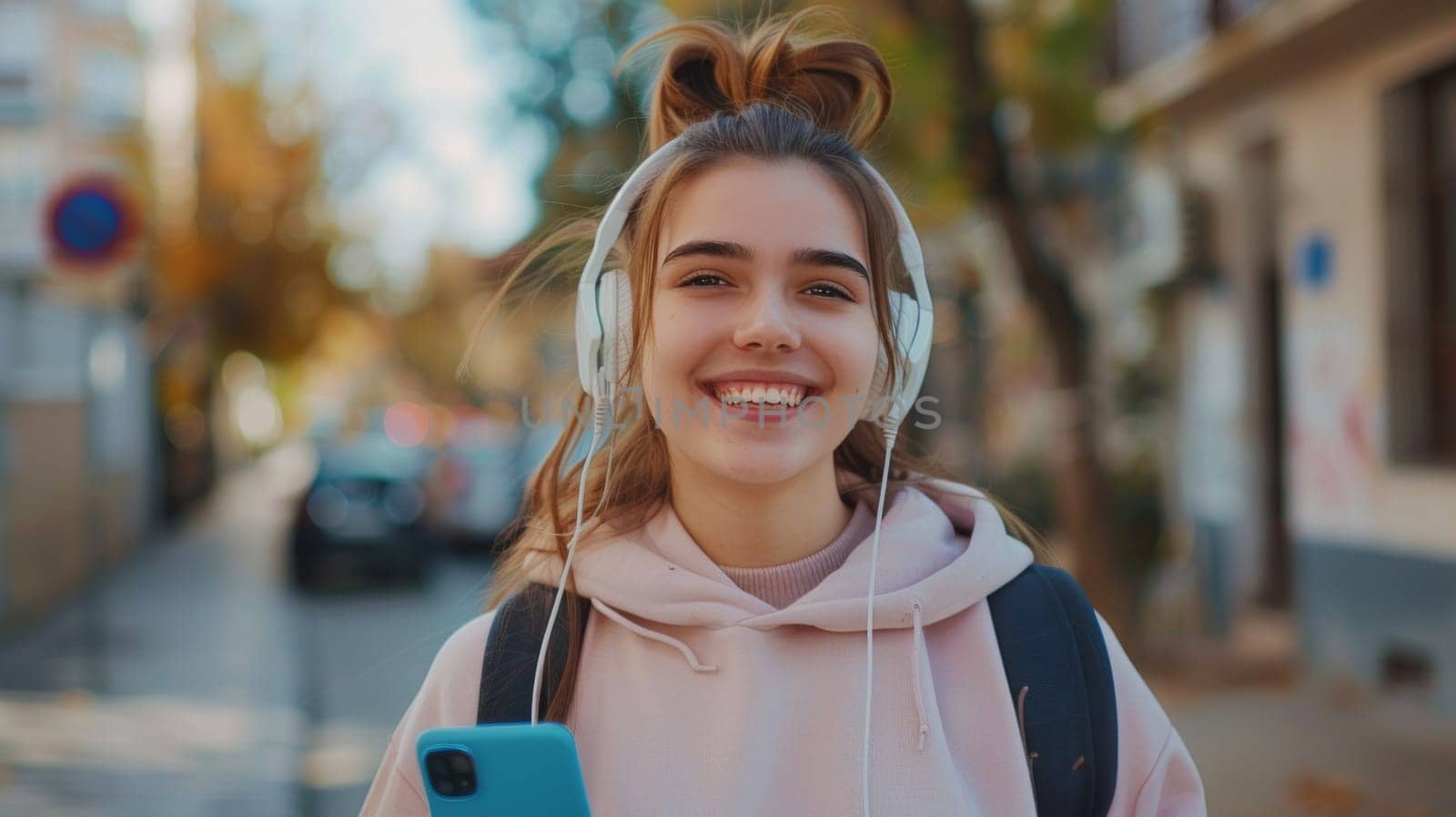 A woman with headphones and a blue cell phone smiling