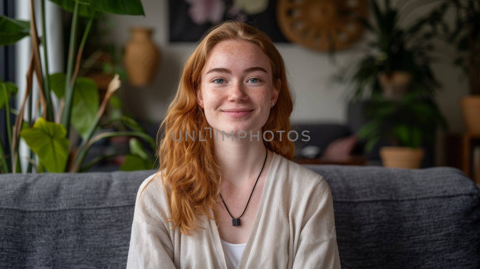 A woman with red hair sitting on a couch in front of plants