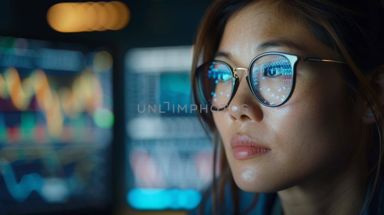 A woman wearing glasses looking at a screen with many different colors