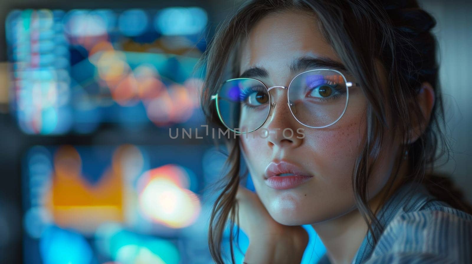 A woman with glasses looking at the camera in front of her