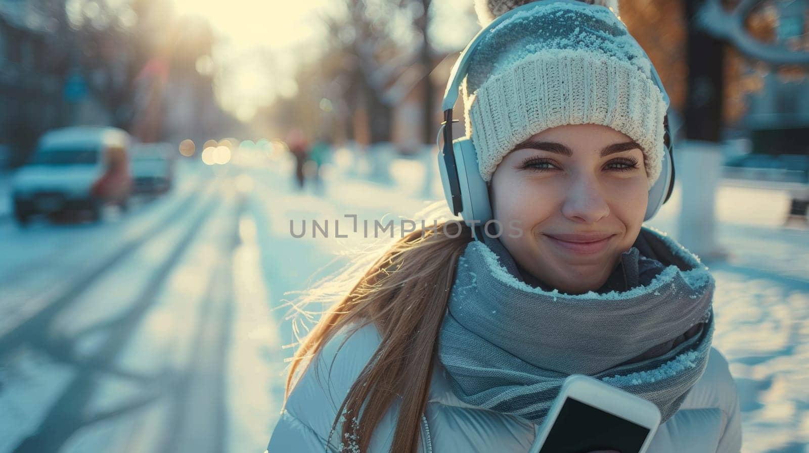 A woman in winter clothing holding a cell phone and smiling