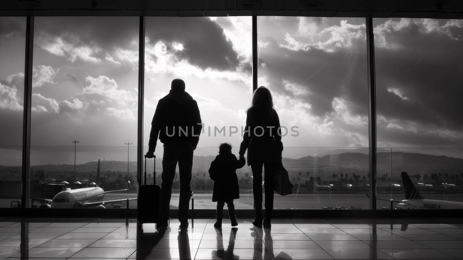 A family is standing in front of an airport window with luggage