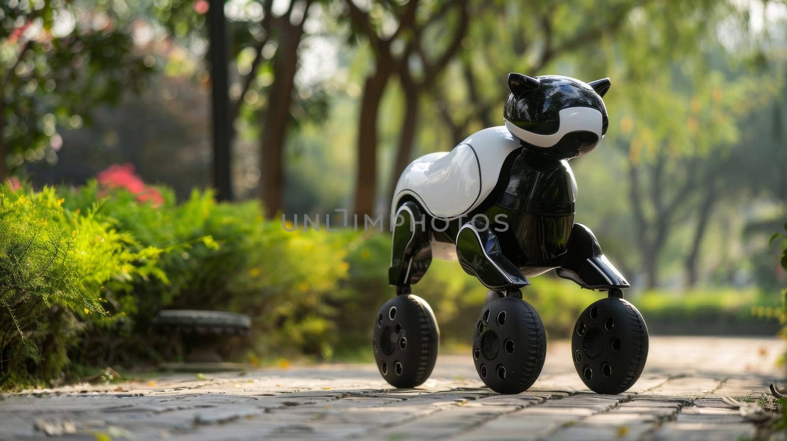 A toy dog on wheels with a black and white body, AI by starush