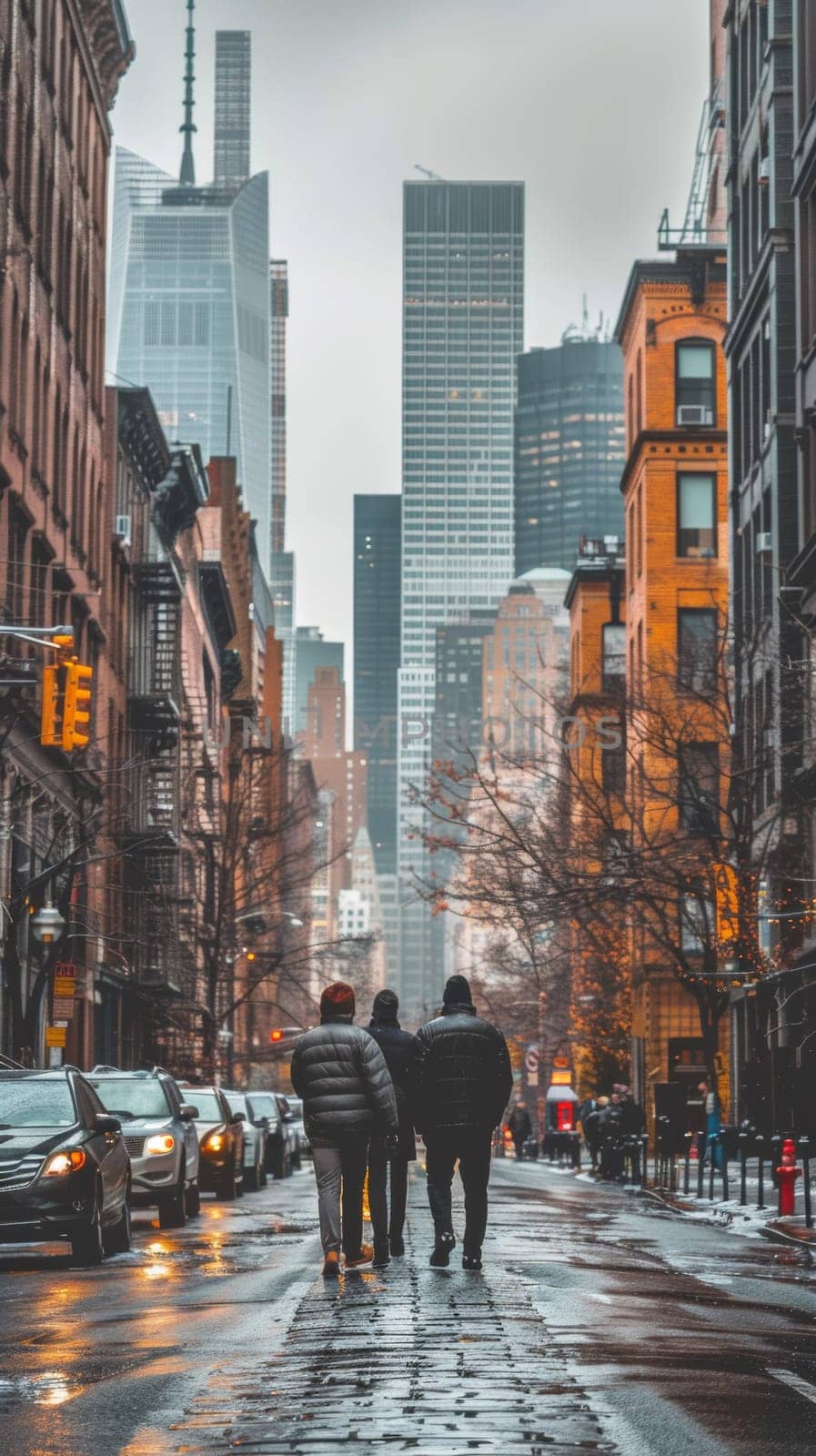 Three people walking down a city street in the rain