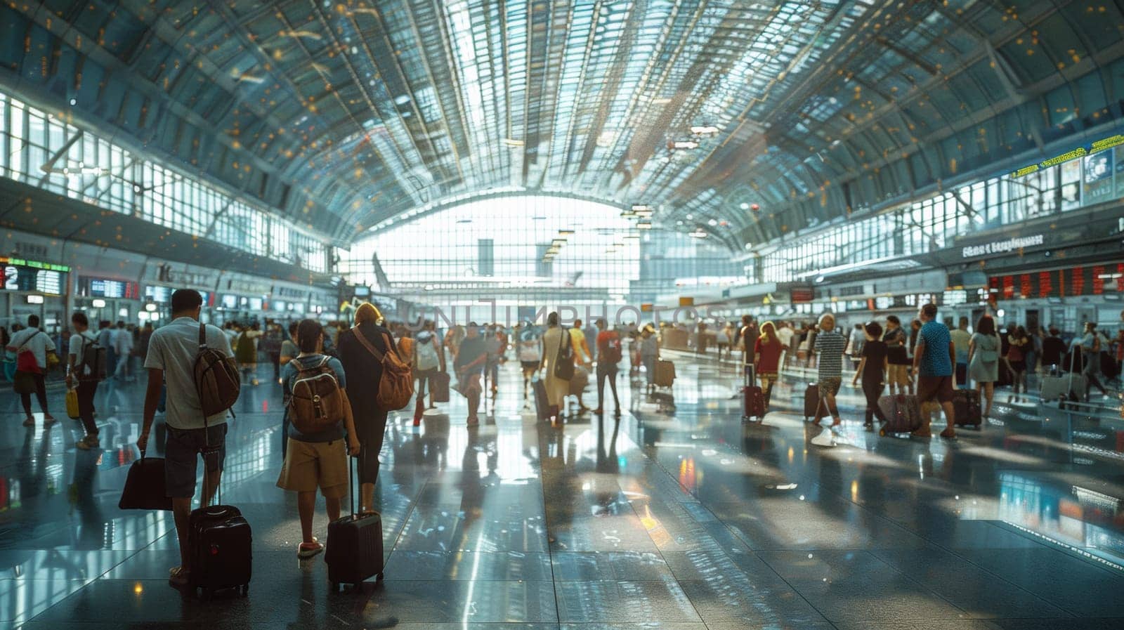 A group of people with luggage walking through an airport terminal