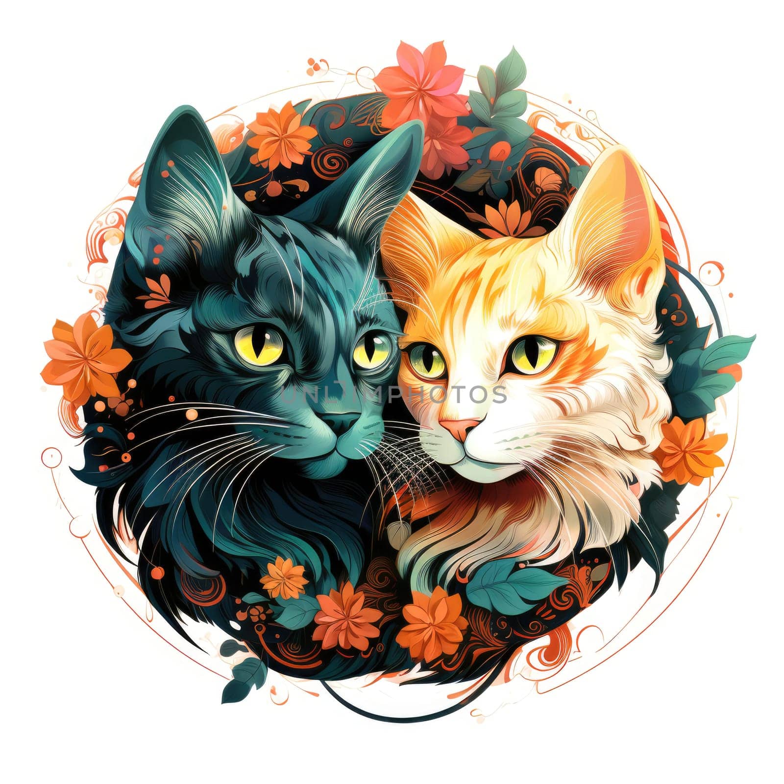 Decorative romantic portrait of a cat in a floral pattern circle. Template for sticker, t-shirt print, poster, etc.