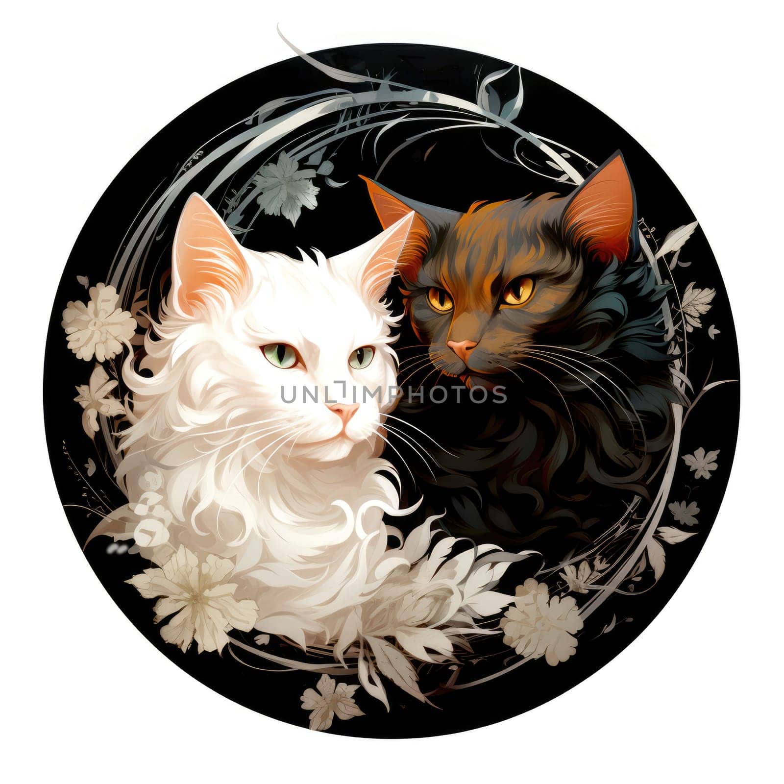 Decorative romantic portrait of a cat in a floral pattern circle. Template for sticker, t-shirt print, poster, etc.