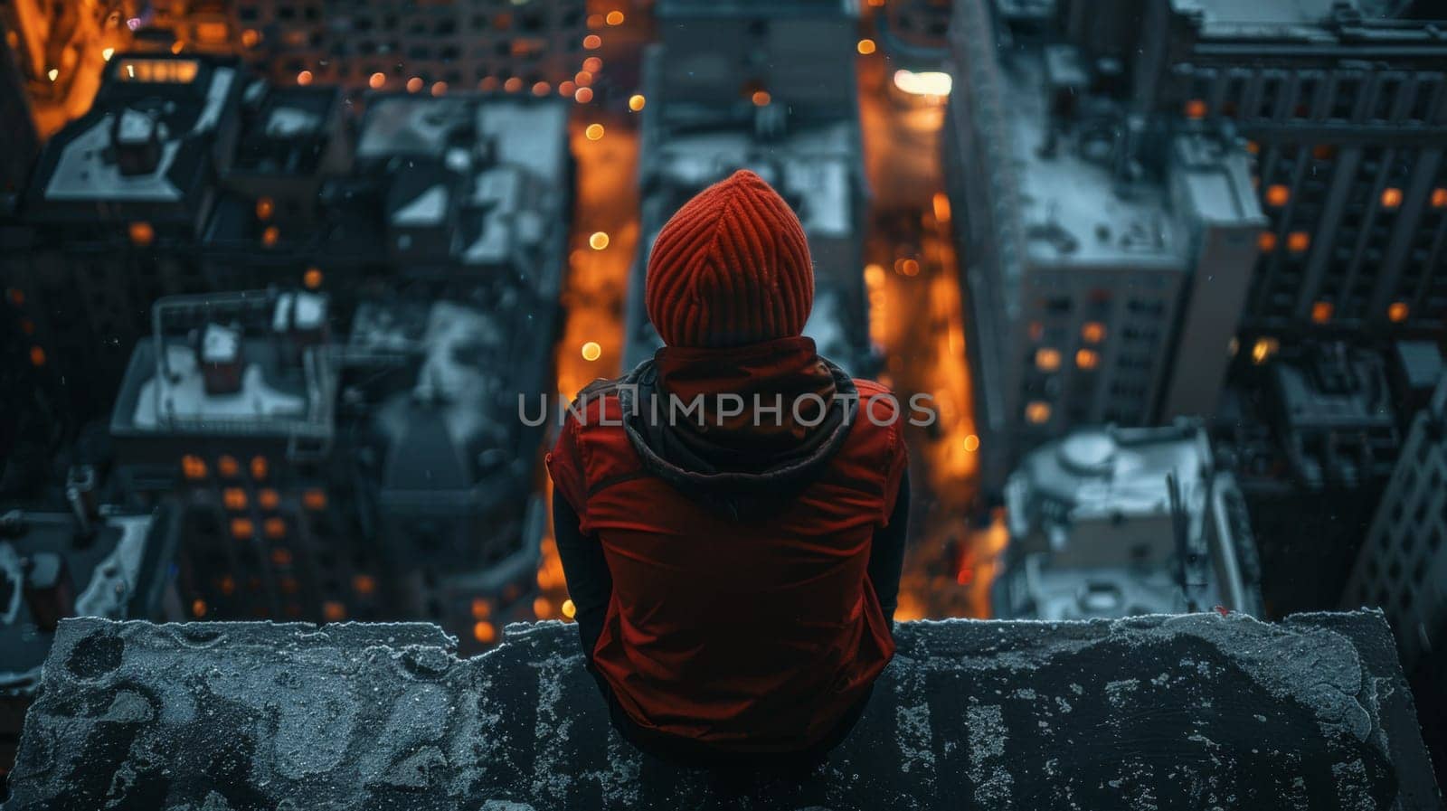 A person sitting on a ledge looking at the city lights