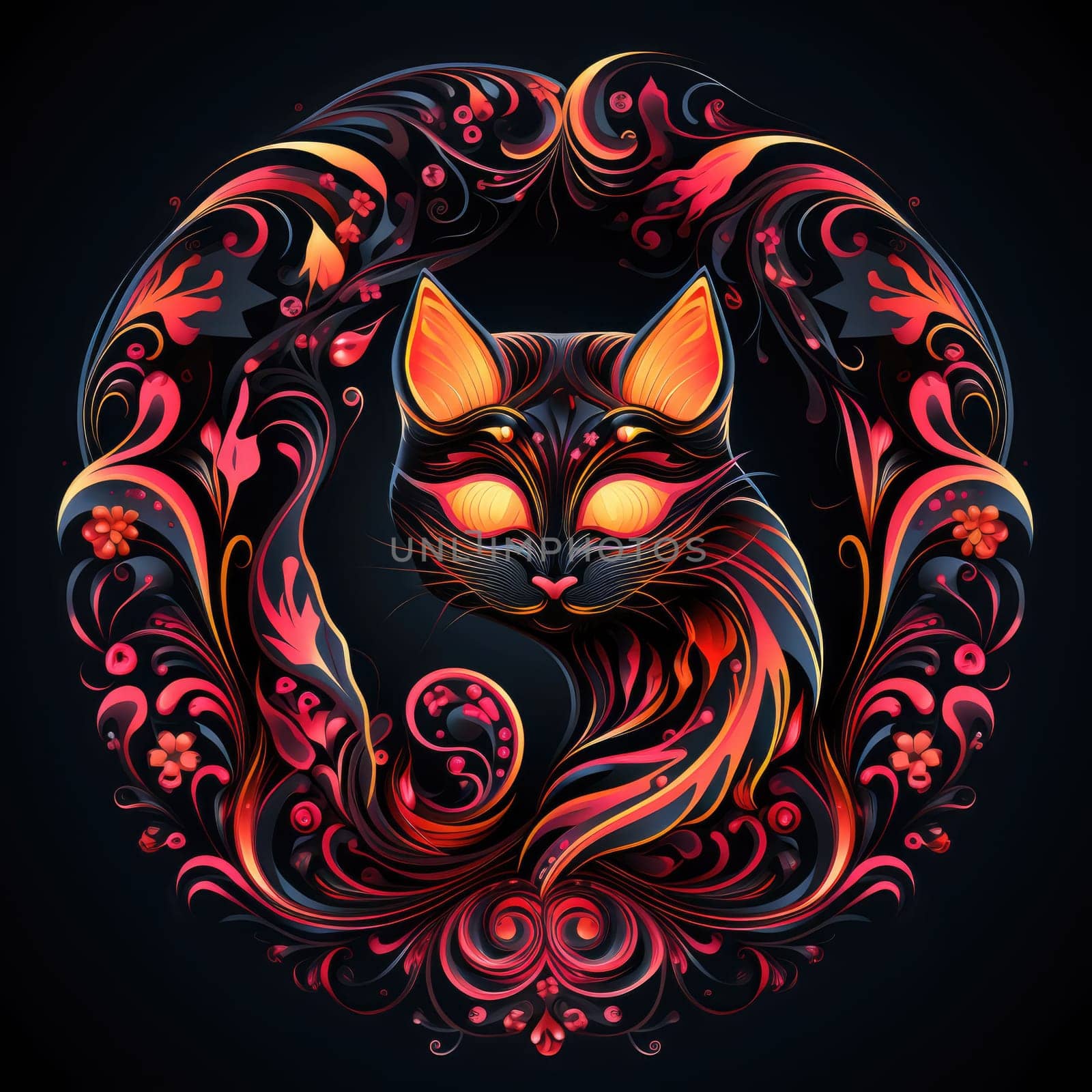 Decorative romantic portrait of a cat in a floral pattern circle.  by palinchak