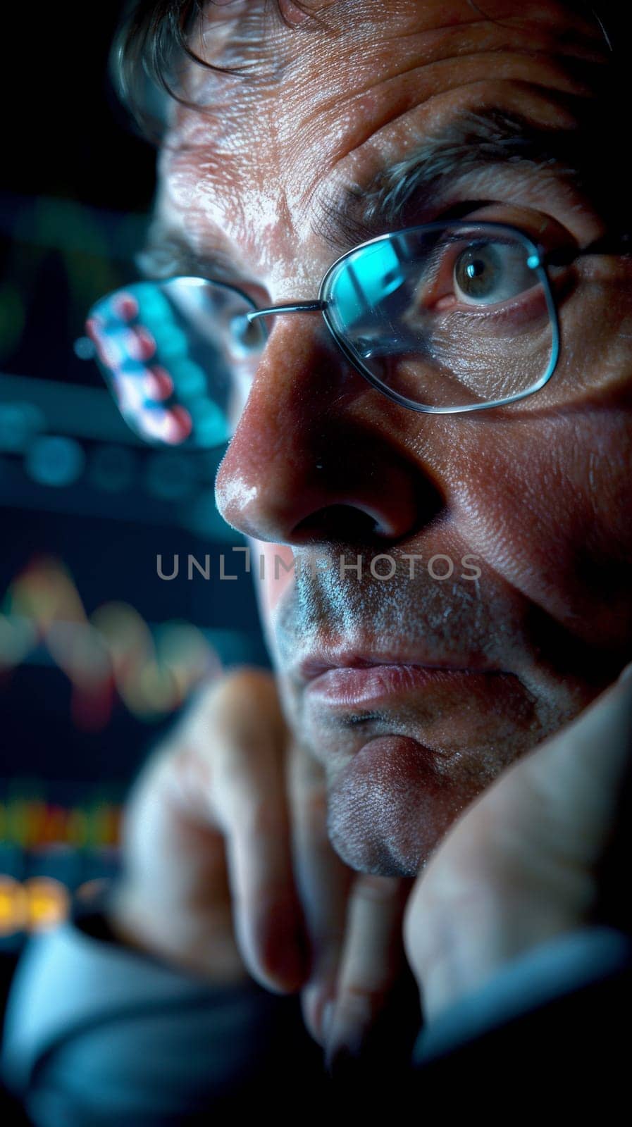 A man with glasses looking at a screen in front of him, AI by starush