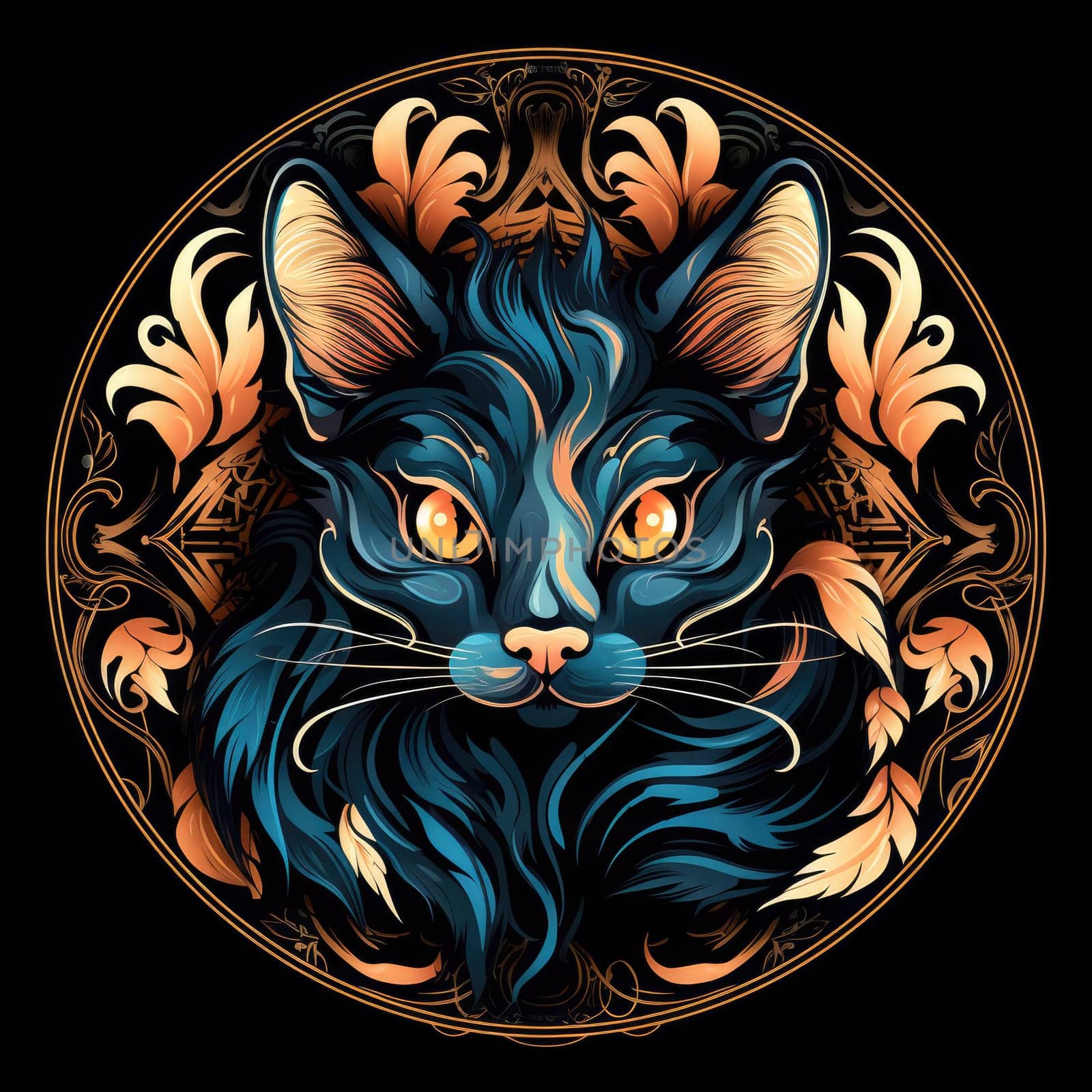 Decorative romantic portrait of a cat in a floral pattern circle.  by palinchak