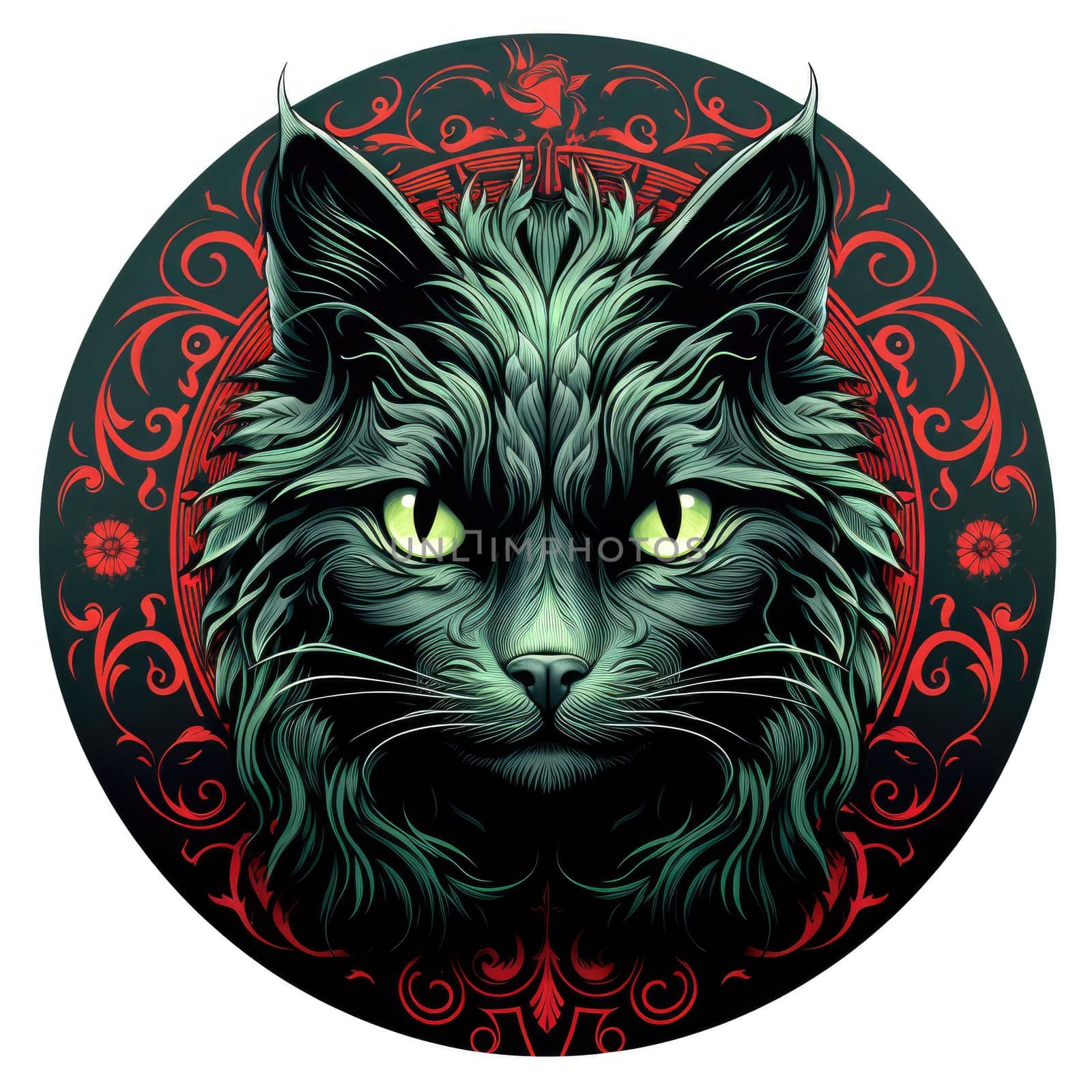 Decorative romantic portrait of a cat in a floral pattern circle.  by palinchak