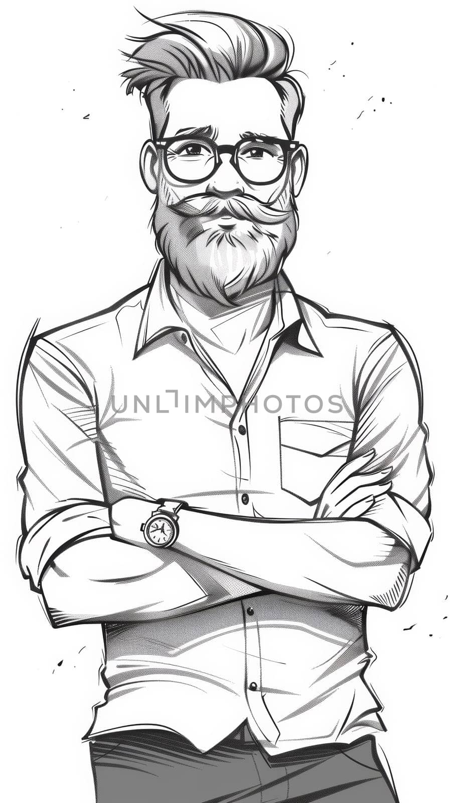 A drawing of a man with glasses and beard standing, AI by starush