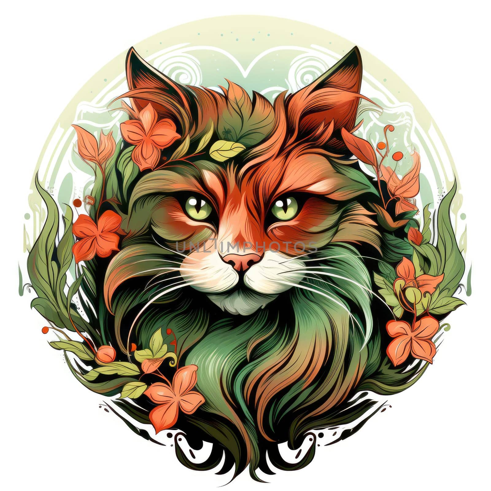 Decorative romantic portrait of a cat in a floral pattern circle.  by palinchak