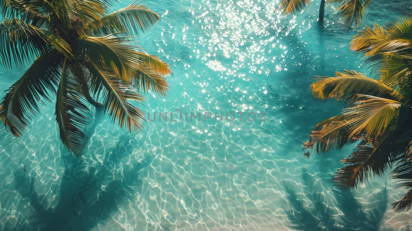 A view of a couple palm trees in the water next to some blue ocean