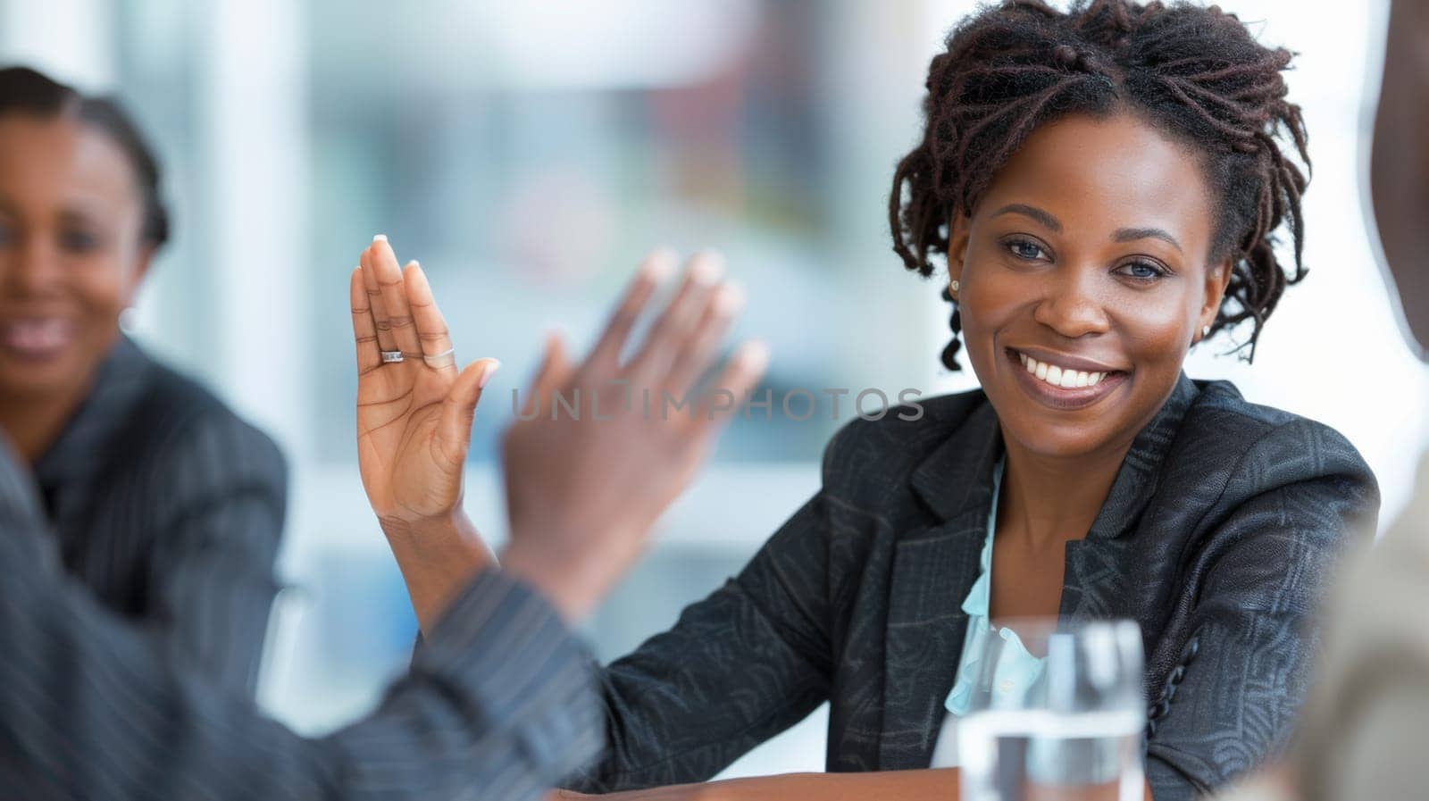 A woman smiling while sitting at a table with other people