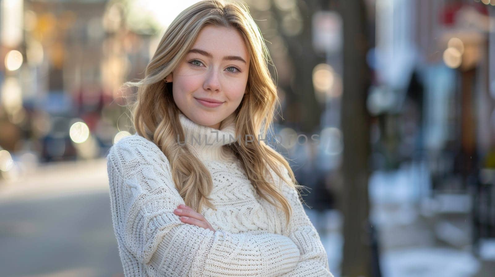 A woman in a white sweater standing on the street